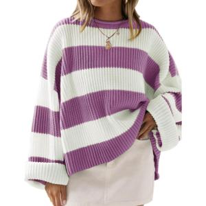 ZESICA Women’s 2026 Fall Long Sleeve Oversized Striped Color Block Comfy Loose Crew Neck Knitted Pullover Sweater(Purple)