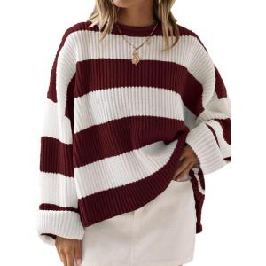 ZESICA Women’s 2026 Fall Long Sleeve Oversized Striped Color Block Comfy Loose Crew Neck Knitted Pullover Sweater(Wine)