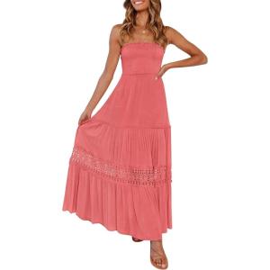 ZESICA Women’s 2026 Summer Bohemian Strapless Off Shoulder Lace Trim Backless Flowy A Line Beach Long Maxi Dress(Peach)