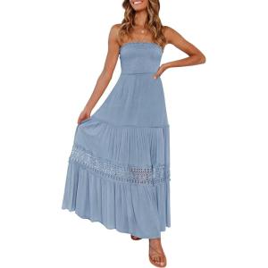 ZESICA Women’s 2026 Summer Bohemian Strapless Off Shoulder Lace Trim Backless Flowy A Line Beach Long Maxi Dress(Skyblue)