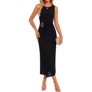 ZESICA Women’s 2026 Summer Floral Bodycon Midi Dress Sleeveless Crewneck Mesh Ruched Wedding Guest Party Long Dresses(Allblack)