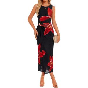 ZESICA Women’s 2026 Summer Floral Bodycon Midi Dress Sleeveless Crewneck Mesh Ruched Wedding Guest Party Long Dresses(Black)
