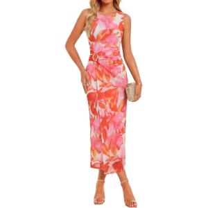 ZESICA Women’s 2026 Summer Floral Bodycon Midi Dress Sleeveless Crewneck Mesh Ruched Wedding Guest Party Long Dresses(Orange)