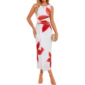 ZESICA Women’s 2026 Summer Floral Bodycon Midi Dress Sleeveless Crewneck Mesh Ruched Wedding Guest Party Long Dresses(White)