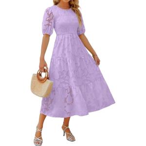 ZESICA Women’s 2026 Summer Short Puff Sleeve Crewneck Smocked Floral Lace Flowy A Line Tiered Maxi Dresses(Lightpurple)