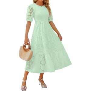 ZESICA Women’s 2026 Summer Short Puff Sleeve Crewneck Smocked Floral Lace Flowy A Line Tiered Maxi Dresses(Mint)