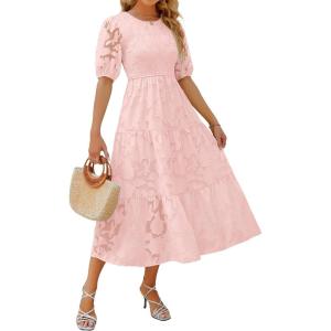 ZESICA Women’s 2026 Summer Short Puff Sleeve Crewneck Smocked Floral Lace Flowy A Line Tiered Maxi Dresses(Pink)