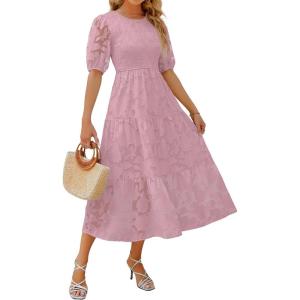 ZESICA Women’s 2026 Summer Short Puff Sleeve Crewneck Smocked Floral Lace Flowy A Line Tiered Maxi Dresses(Purple)