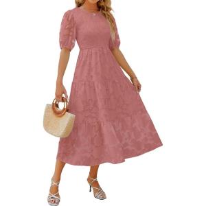 ZESICA Women’s 2026 Summer Short Puff Sleeve Crewneck Smocked Floral Lace Flowy A Line Tiered Maxi Dresses(Tearose)