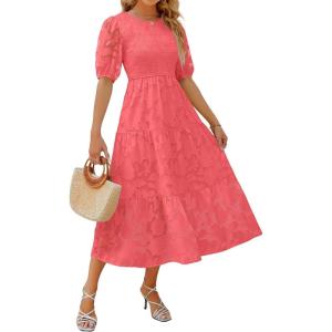 ZESICA Women’s 2026 Summer Short Puff Sleeve Crewneck Smocked Floral Lace Flowy A Line Tiered Maxi Dresses(Watermelon)