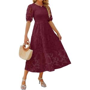 ZESICA Women’s 2026 Summer Short Puff Sleeve Crewneck Smocked Floral Lace Flowy A Line Tiered Maxi Dresses(Wine)