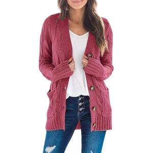 ZESICA Women’s Cardigan Sweaters 2026 Fall Button Down Open Front Cable Knit Casual Trendy Winter Clothing Outerwear(Maroon)