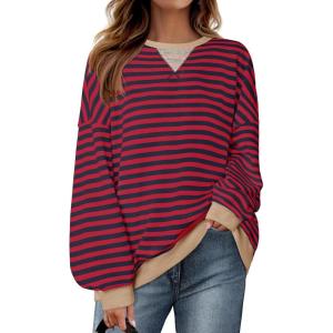 ZESICA Womens Casual Striped Pullover Tops Long Sleeve Shirts Crewneck Oversized Sweatshirts Spring Clothes(Red)