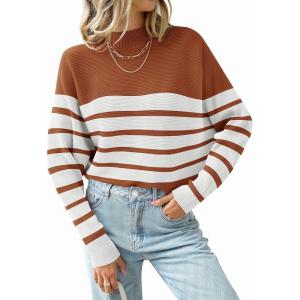 ZESICA Women’s Fall 2026 Turtleneck Batwing Long Sleeve Ribbed Knit Casual Soft Pullover Sweater Jumper Top(Brown)