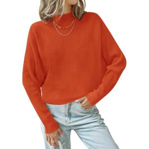 ZESICA Women’s Fall 2026 Turtleneck Batwing Long Sleeve Ribbed Knit Casual Soft Pullover Sweater Jumper Top(Orange)
