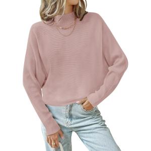 ZESICA Women’s Fall 2026 Turtleneck Batwing Long Sleeve Ribbed Knit Casual Soft Pullover Sweater Jumper Top(Pink)