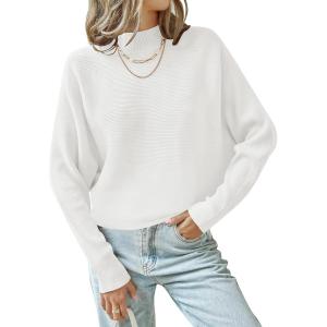 ZESICA Women’s Fall 2026 Turtleneck Batwing Long Sleeve Ribbed Knit Casual Soft Pullover Sweater Jumper Top(White)