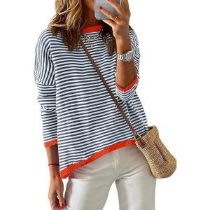 ZESICA Women’s Fall Striped Sweaters Long Sleeve Crew Neck Shirts Color Block Lightweight Pullover Tops Dark Blue Medium