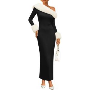 ZESICA Womens Off The Shoulder Faux Fur Sweater Dress 2026 Spring Winter Formal Long Sleeve Bodycon Maxi Cocktail Dresses(Black)