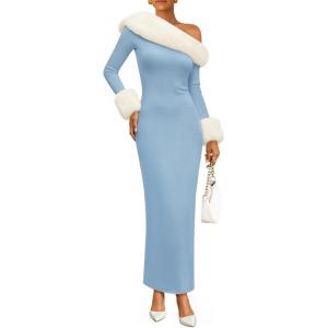 ZESICA Womens Off The Shoulder Faux Fur Sweater Dress 2026 Spring Winter Formal Long Sleeve Bodycon Maxi Cocktail Dresses(Blue)