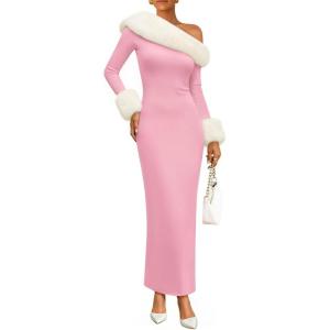 ZESICA Womens Off The Shoulder Faux Fur Sweater Dress 2026 Spring Winter Formal Long Sleeve Bodycon Maxi Cocktail Dresses(Pink)