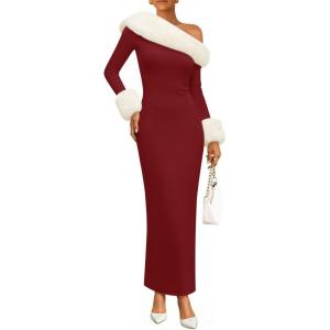 ZESICA Womens Off The Shoulder Faux Fur Sweater Dress 2026 Spring Winter Formal Long Sleeve Bodycon Maxi Cocktail Dresses(Wine)