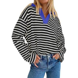 ZESICA Womens Striped Long Sleeve Tops Oversized Sweatshirt V Neck Loose Fit Tunic Tops Spring Casual Blouses(Black)