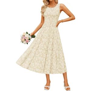 ZESICA Women‘s Summer Boho Floral Midi Dress 2026 Sleeveless Beach Vacation Dresses Casual Flowy Sundress(Apricot)