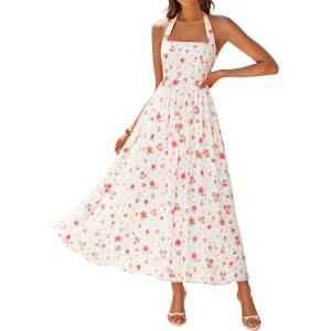 ZESICA Women’s Summer Floral Halter Midi Dress 2026 Sleeveless Off Shoulder High Waist Flowy Casual Beach Long Dresses(Apricot)