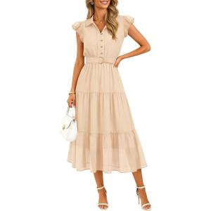 ZESICA Women’s Summer Floral Midi Dress 2026 Casual Flutter Short Sleeve Chiffon Button Down Wedding Guest Party Dresses(Apricot)