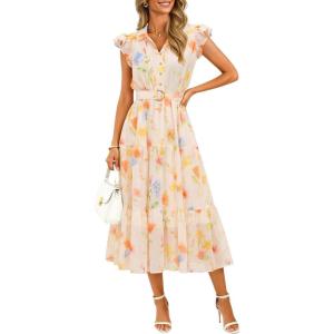 ZESICA Women’s Summer Floral Midi Dress 2026 Casual Flutter Short Sleeve Chiffon Button Down Wedding Guest Party Dresses(Beige)