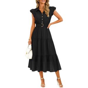 ZESICA Women’s Summer Floral Midi Dress 2026 Casual Flutter Short Sleeve Chiffon Button Down Wedding Guest Party Dresses(Black)