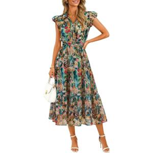 ZESICA Women’s Summer Floral Midi Dress 2026 Casual Flutter Short Sleeve Chiffon Button Down Wedding Guest Party Dresses(Green)