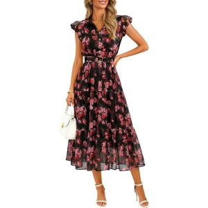 ZESICA Women’s Summer Floral Midi Dress 2026 Casual Flutter Short Sleeve Chiffon Button Down Wedding Guest Party Dresses(Red)