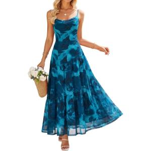 ZESICA Women’s Summer Floral Sleeveless Maxi Dress 2026 Boho Mesh Beach Wedding Guest Spaghetti Strap Flowy Long Dresses(Lake)