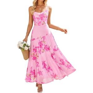 ZESICA Women’s Summer Floral Sleeveless Maxi Dress 2026 Boho Mesh Beach Wedding Guest Spaghetti Strap Flowy Long Dresses(Pink)