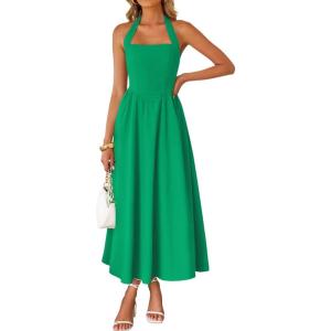 ZESICA Women’s Summer Sleeveless Halter Midi Dress 2026 Off Shoulder High Waist Flowy Beach Wedding Guest Long Dresses(Green)