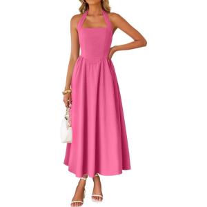 ZESICA Women’s Summer Sleeveless Halter Midi Dress 2026 Off Shoulder High Waist Flowy Beach Wedding Guest Long Dresses(Hotpink)