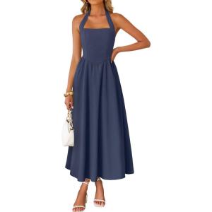 ZESICA Women’s Summer Sleeveless Halter Midi Dress 2026 Off Shoulder High Waist Flowy Beach Wedding Guest Long Dresses(Navy)