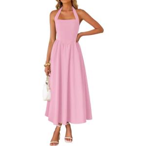 ZESICA Women’s Summer Sleeveless Halter Midi Dress 2026 Off Shoulder High Waist Flowy Beach Wedding Guest Long Dresses(Pink)