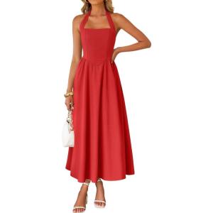 ZESICA Women’s Summer Sleeveless Halter Midi Dress 2026 Off Shoulder High Waist Flowy Beach Wedding Guest Long Dresses(Red)