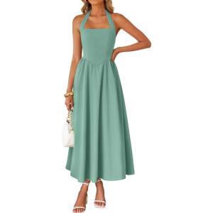 ZESICA Women’s Summer Sleeveless Halter Midi Dress 2026 Off Shoulder High Waist Flowy Beach Wedding Guest Long Dresses(Sage)