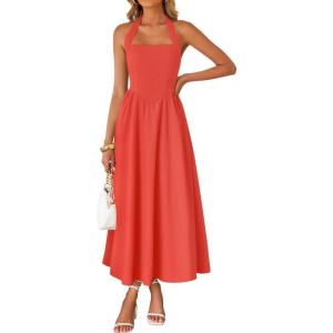 ZESICA Women’s Summer Sleeveless Halter Midi Dress 2026 Off Shoulder High Waist Flowy Beach Wedding Guest Long Dresses(Watermelonred)