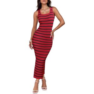 ZESICA Women’s Summer Square Neck Bodycon Midi Dresses 2026 Casual Sleeveless Ribbed Knit Striped Beach Vacation Long Dress(Wine)