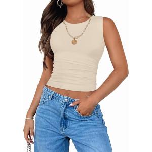 ZESICA Womens Summer Tank Tops 2026 Sleeveless Crewneck Knit Slim Fitted Side Ruched Casual Basic Shirt(Apricot)