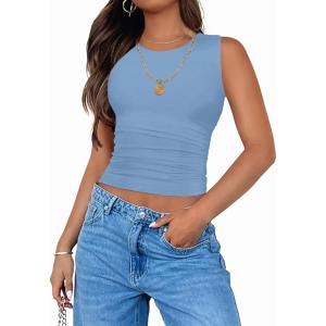 ZESICA Womens Summer Tank Tops 2026 Sleeveless Crewneck Knit Slim Fitted Side Ruched Casual Basic Shirt(Blue)