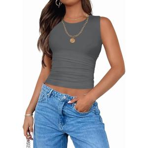 ZESICA Womens Summer Tank Tops 2026 Sleeveless Crewneck Knit Slim Fitted Side Ruched Casual Basic Shirt(Charcoal)