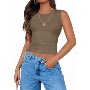 ZESICA Womens Summer Tank Tops 2026 Sleeveless Crewneck Knit Slim Fitted Side Ruched Casual Basic Shirt(Mocha)