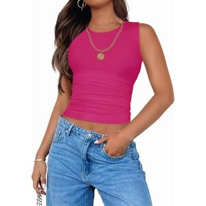 ZESICA Womens Summer Tank Tops 2026 Sleeveless Crewneck Knit Slim Fitted Side Ruched Casual Basic Shirt(Rose)