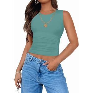 ZESICA Womens Summer Tank Tops 2026 Sleeveless Crewneck Knit Slim Fitted Side Ruched Casual Basic Shirt(Teal)